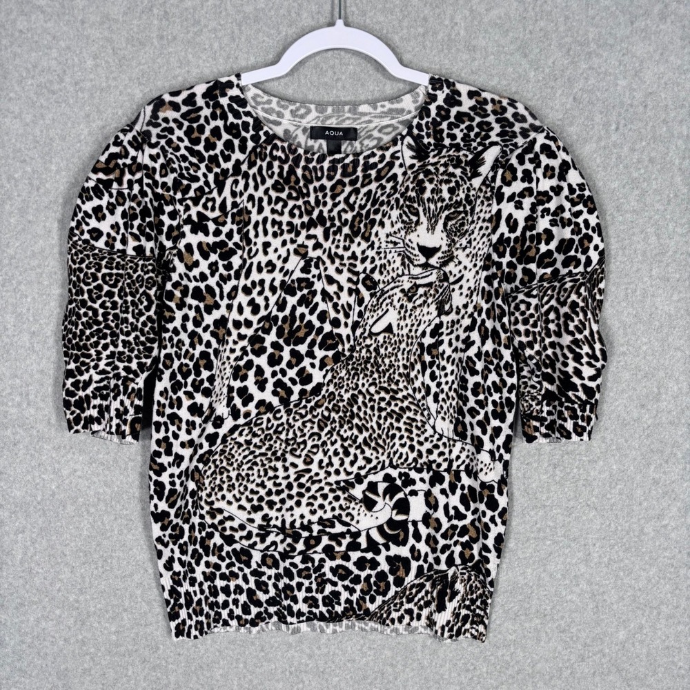 Aqua Leopard Print Sweater Top Large Puff Sleeve Knit Maximalist 90s Retro Glam‎